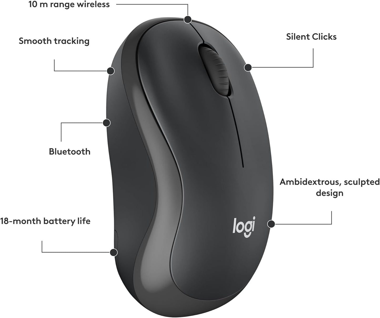 Logitech M240 Silent Bluetooth Mouse, Wireless, Compact, Portable, Smooth Tracking, 18-Month Battery, for Windows, Macos, Chromeos, Compatible with PC, Mac, Laptop, Tablets - Graphite