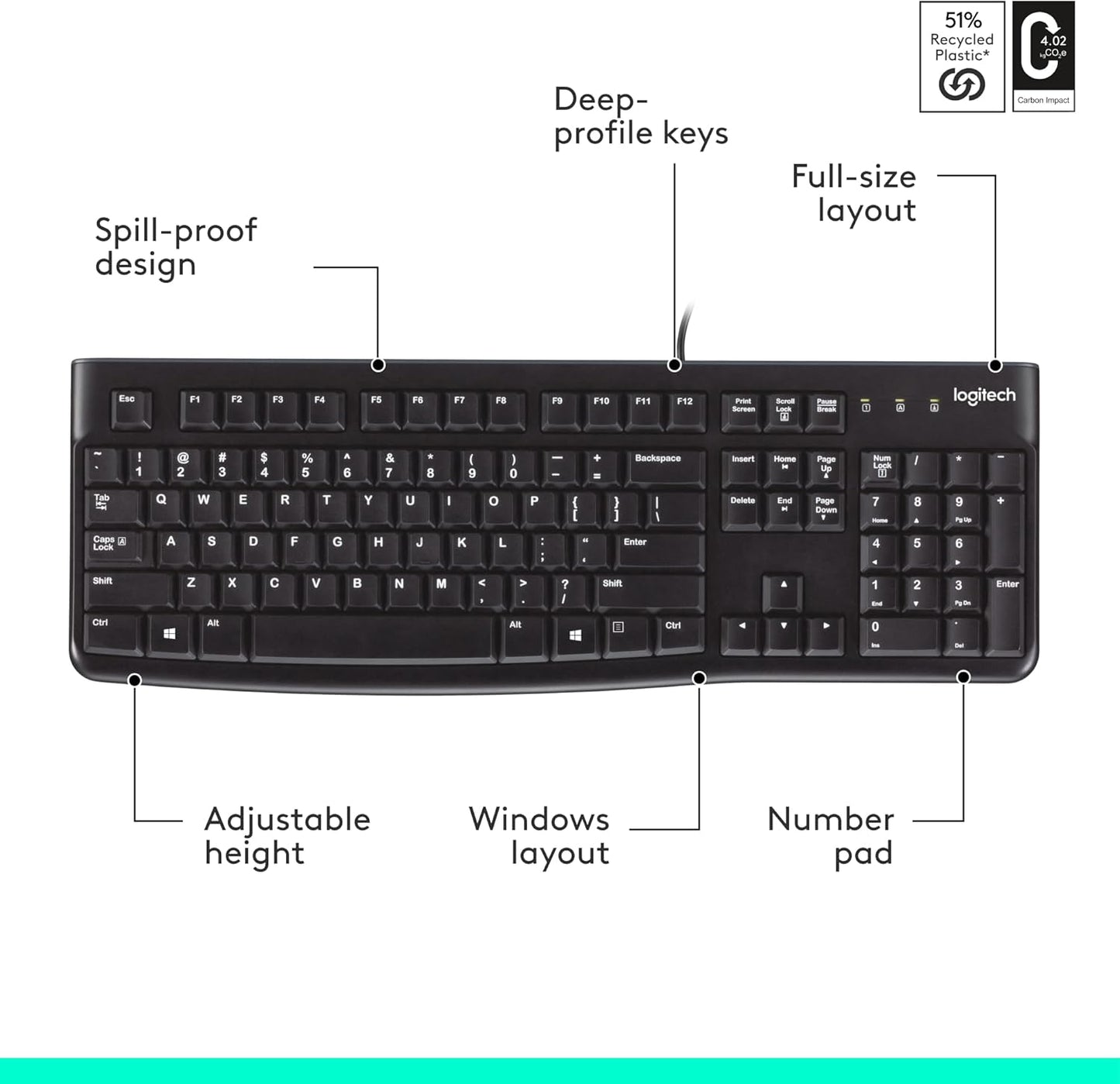 Logitech K120 Wired Keyboard for Windows, USB Plug-And-Play, Full-Size, Spill-Resistant, Curved Space Bar, Compatible with PC, Laptop - Black