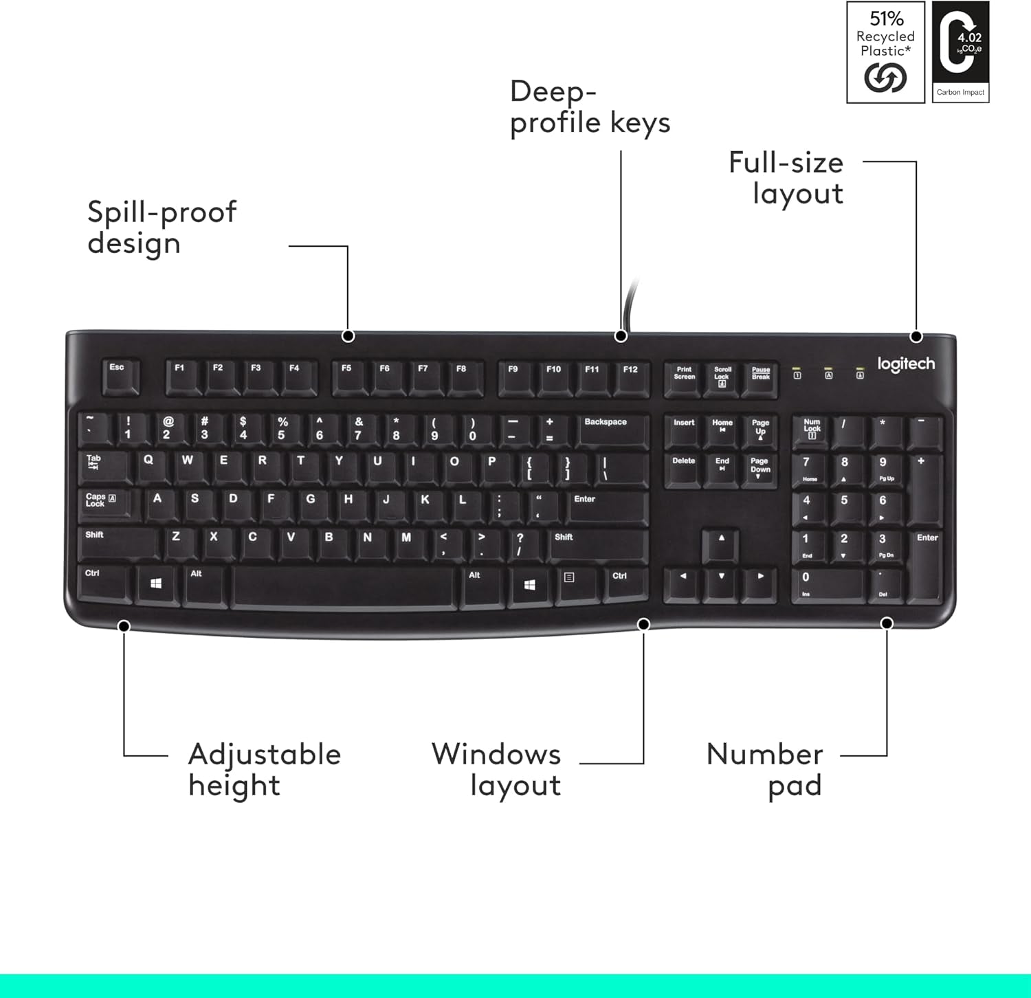 Logitech K120 Wired Keyboard for Windows, USB Plug-And-Play, Full-Size, Spill-Resistant, Curved Space Bar, Compatible with PC, Laptop - Black