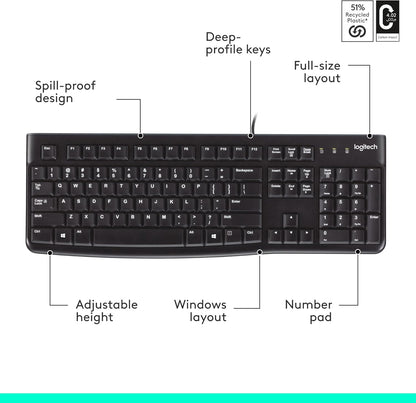 Logitech K120 Wired Keyboard for Windows, USB Plug-And-Play, Full-Size, Spill-Resistant, Curved Space Bar, Compatible with PC, Laptop - Black