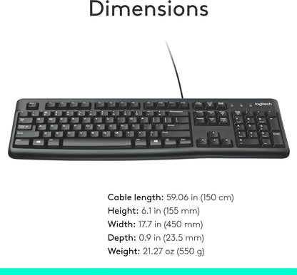 Logitech K120 Wired Keyboard for Windows, USB Plug-And-Play, Full-Size, Spill-Resistant, Curved Space Bar, Compatible with PC, Laptop - Black