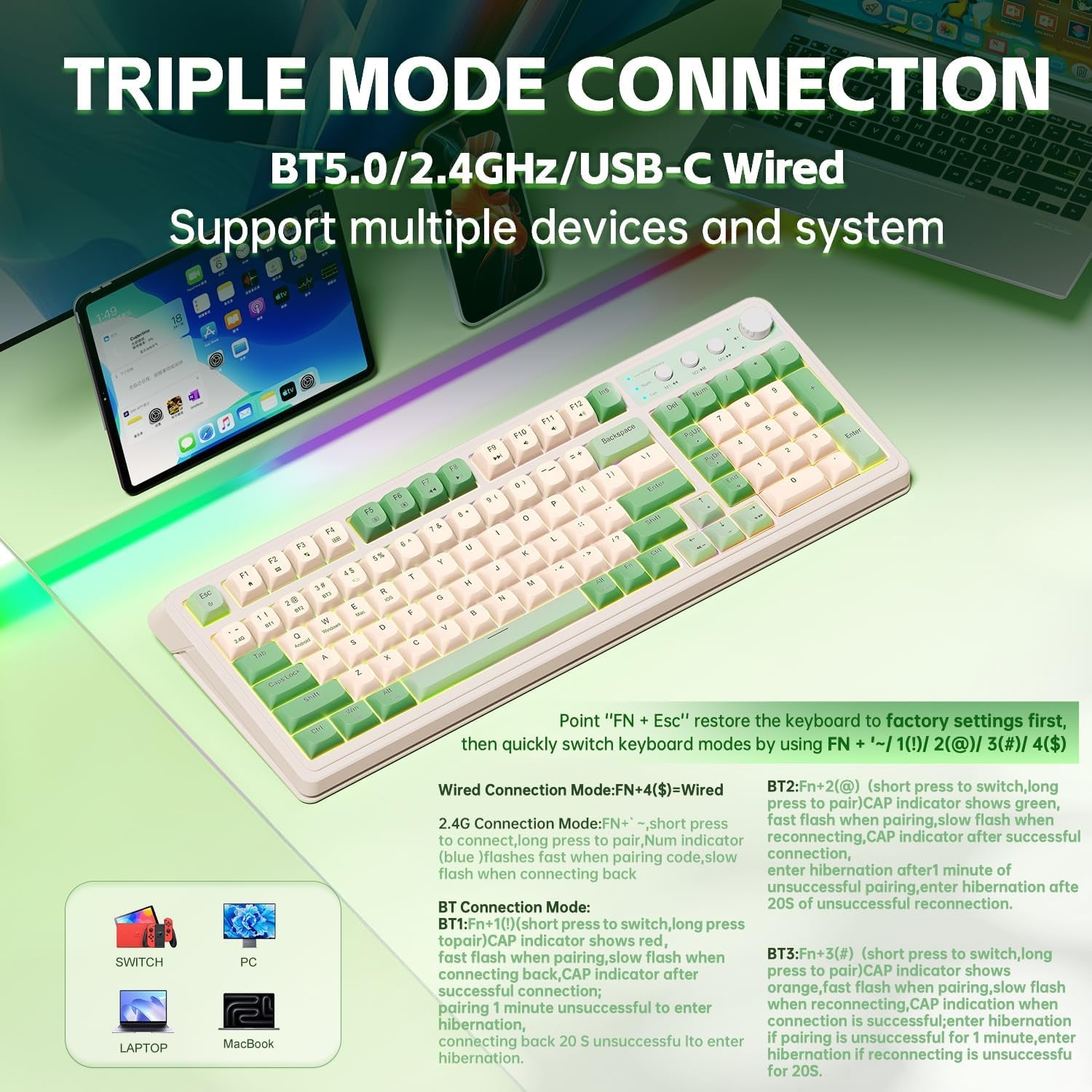 S99 Gaming Keyboard, Wireless Computer Keyboards, Tri-Mode Bluetooth/2.4Ghz/Usb-C Custom Creamy Keyboard with Number Pad, RGB Backlit Media Knob Cute Programmable Keyboard for PC Gamer - Green