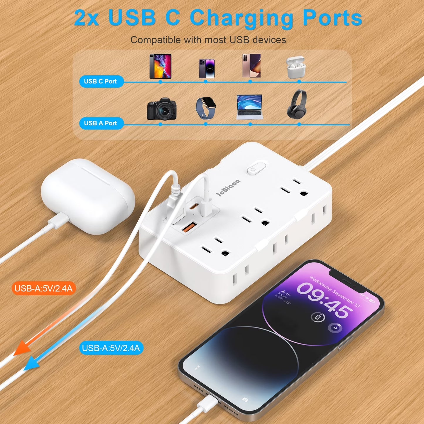 Power Strip 6-Outlets Surge Protector Power Strip 5Ft Long Extension Cord