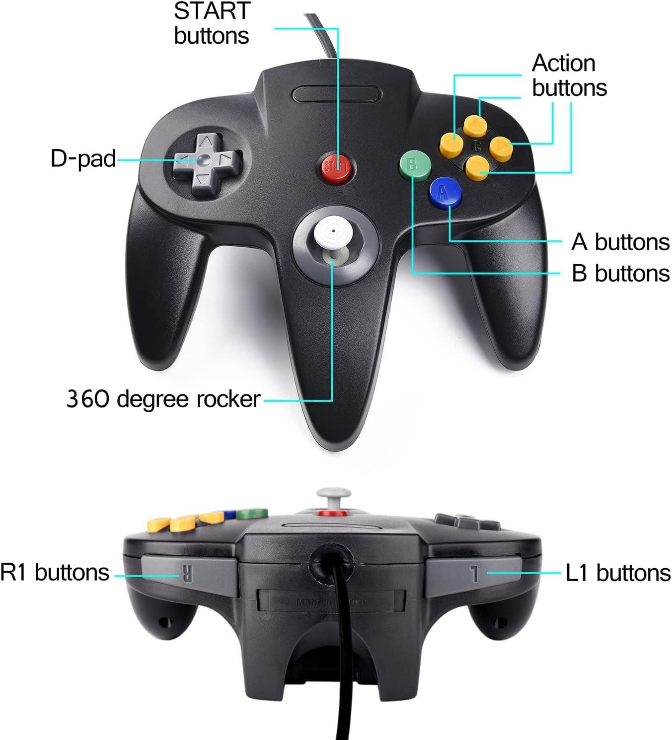 2 Pack USB Wired N64 Controller, Classic N64 PC Gamepad Joystick Controller for Windows PC MAC Linux Raspberry Pi 3 (Black/Gray)