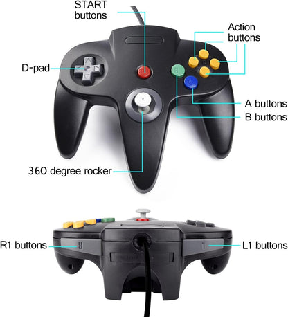 2 Pack USB Wired N64 Controller, Classic N64 PC Gamepad Joystick Controller for Windows PC MAC Linux Raspberry Pi 3 (Black/Gray)