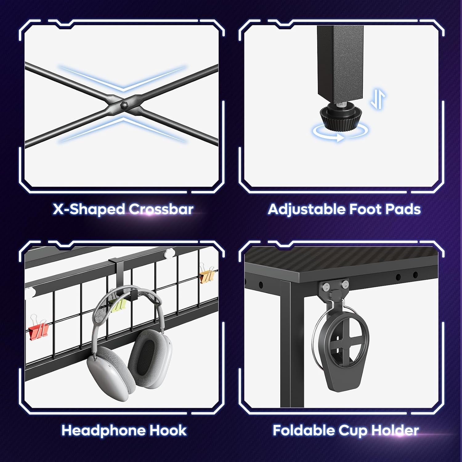 L-Shaped Gaming Desk 51" with Power Outlets and LED Lighting, Featuring 4 Tier Shelves, Reversible Design, Hooks, and Cup Holder in Carbon Fiber Black for Home Office