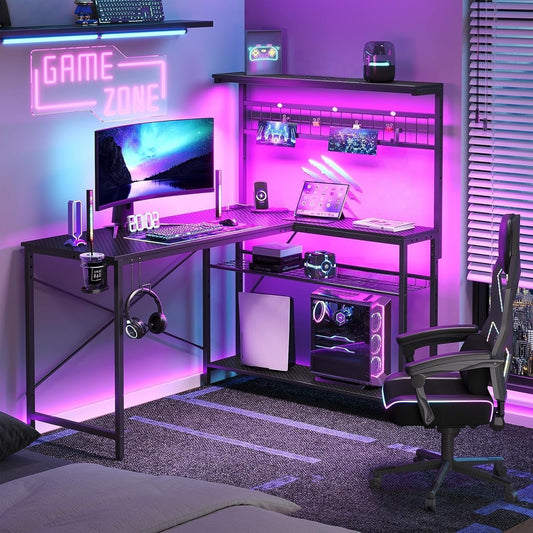 L-Shaped Gaming Desk 51" with Power Outlets and LED Lighting, Featuring 4 Tier Shelves, Reversible Design, Hooks, and Cup Holder in Carbon Fiber Black for Home Office