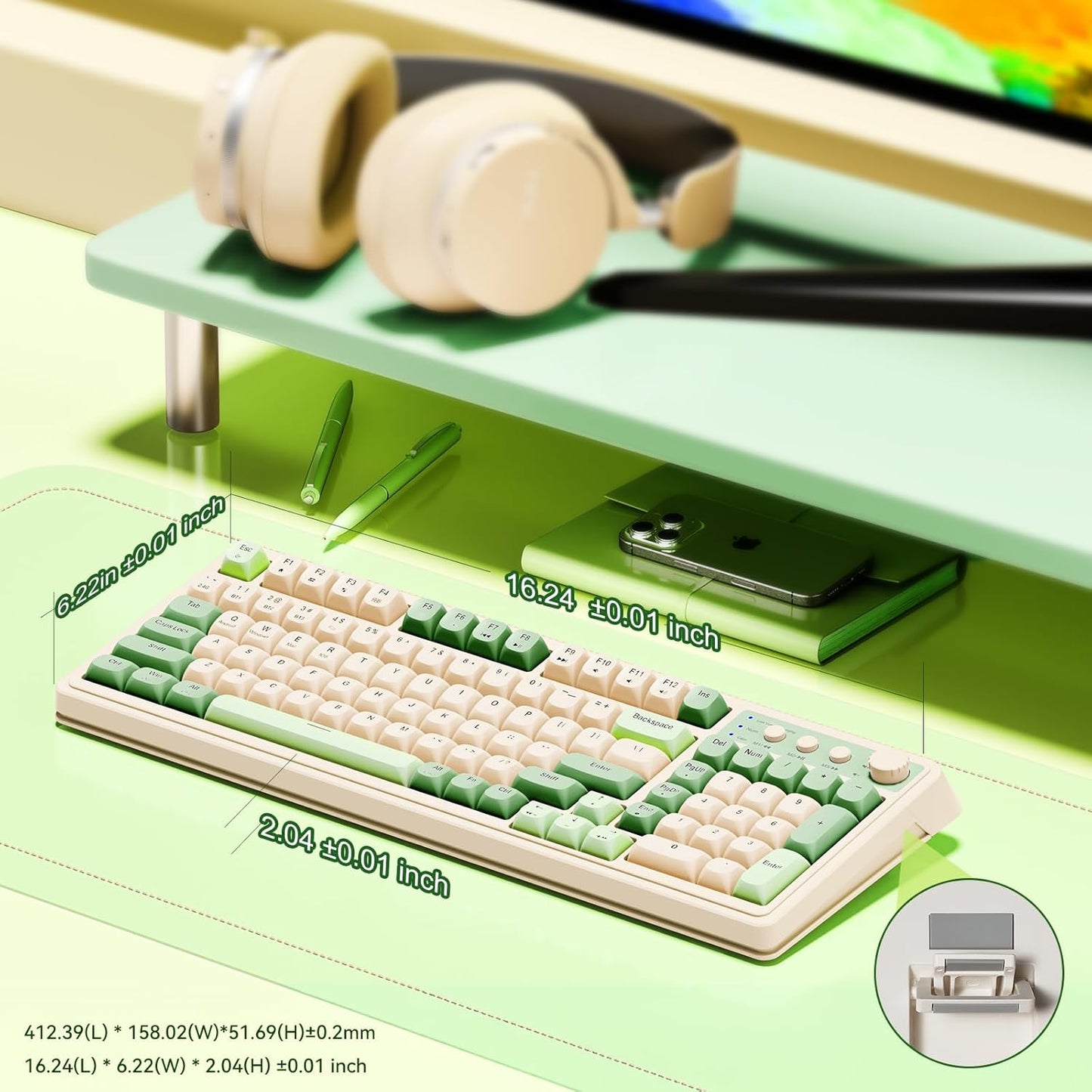 S99 Gaming Keyboard, Wireless Computer Keyboards, Tri-Mode Bluetooth/2.4Ghz/Usb-C Custom Creamy Keyboard with Number Pad, RGB Backlit Media Knob Cute Programmable Keyboard for PC Gamer - Green