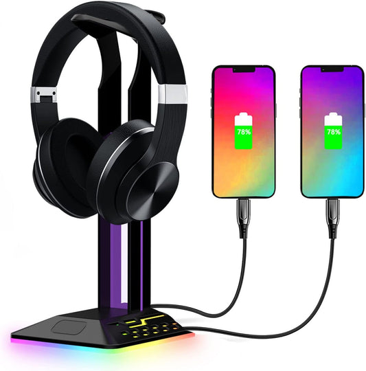 RGB Headphone Stand,Multifunction Desk Gaming Headset Holder with 2 USB Charging Ports,Suitable for Desktop Table Game Earphone Accessories