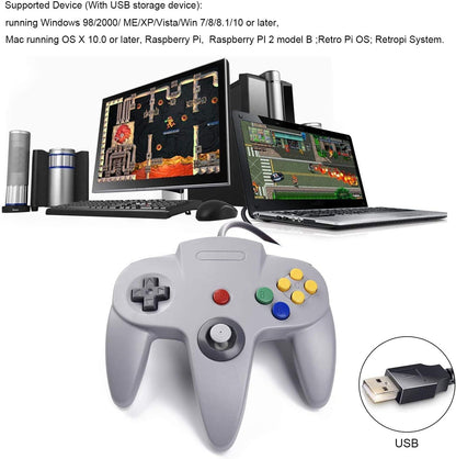 2 Pack USB Wired N64 Controller, Classic N64 PC Gamepad Joystick Controller for Windows PC MAC Linux Raspberry Pi 3 (Black/Gray)