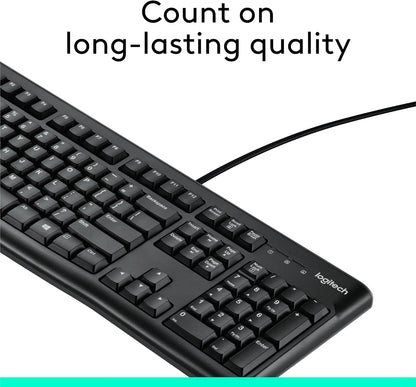 Logitech K120 Wired Keyboard for Windows, USB Plug-And-Play, Full-Size, Spill-Resistant, Curved Space Bar, Compatible with PC, Laptop - Black