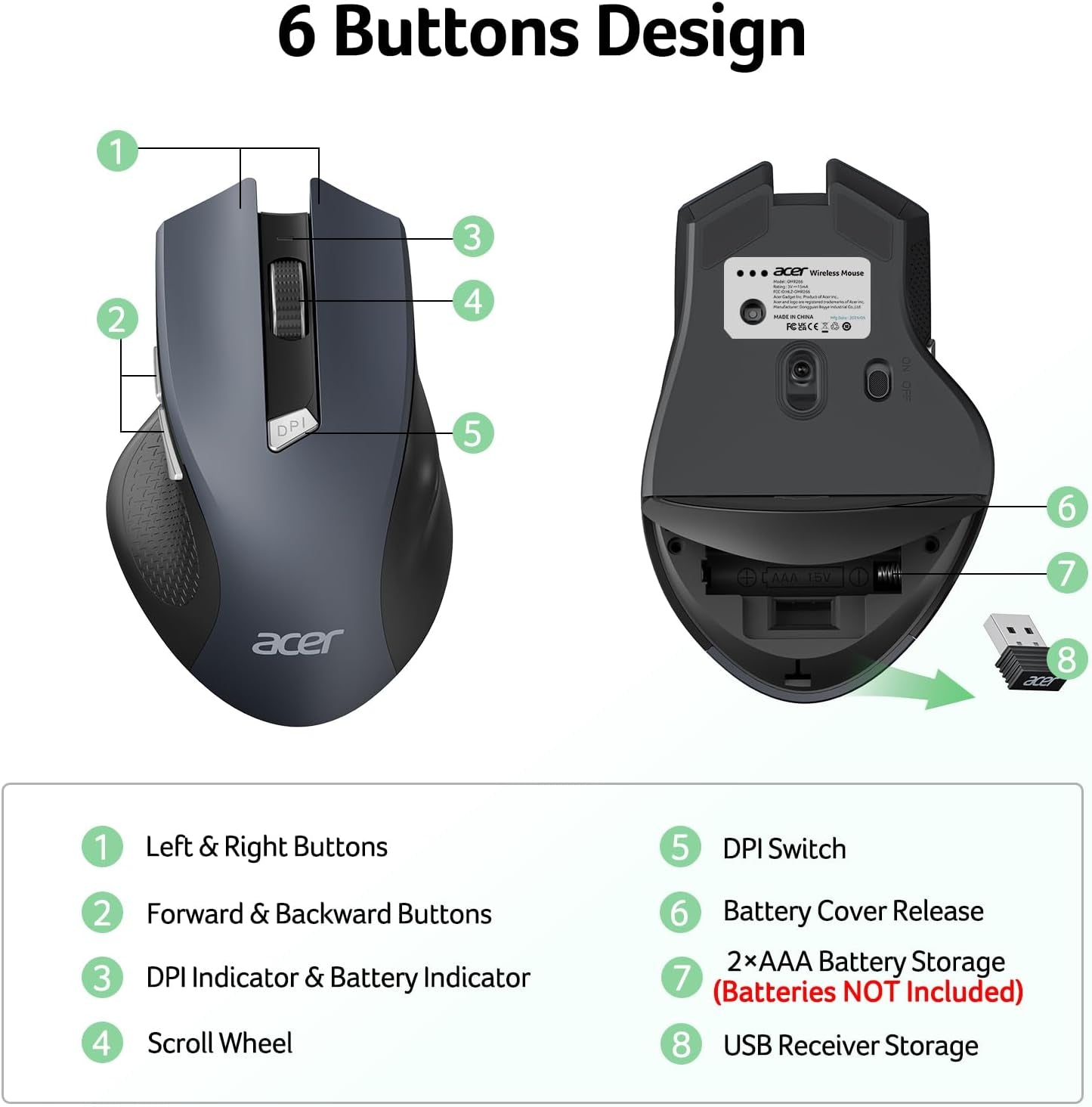 Acer Wireless Mouse for Laptop, 2.4Ghz Computer Mouse 3 Adjustable DPI Office Cordless USB Mice with USBA Receiver, 6 Buttons, 1600 DPI, Medium to Large Sized Hands Compatible with PC, Laptop, Desktop
