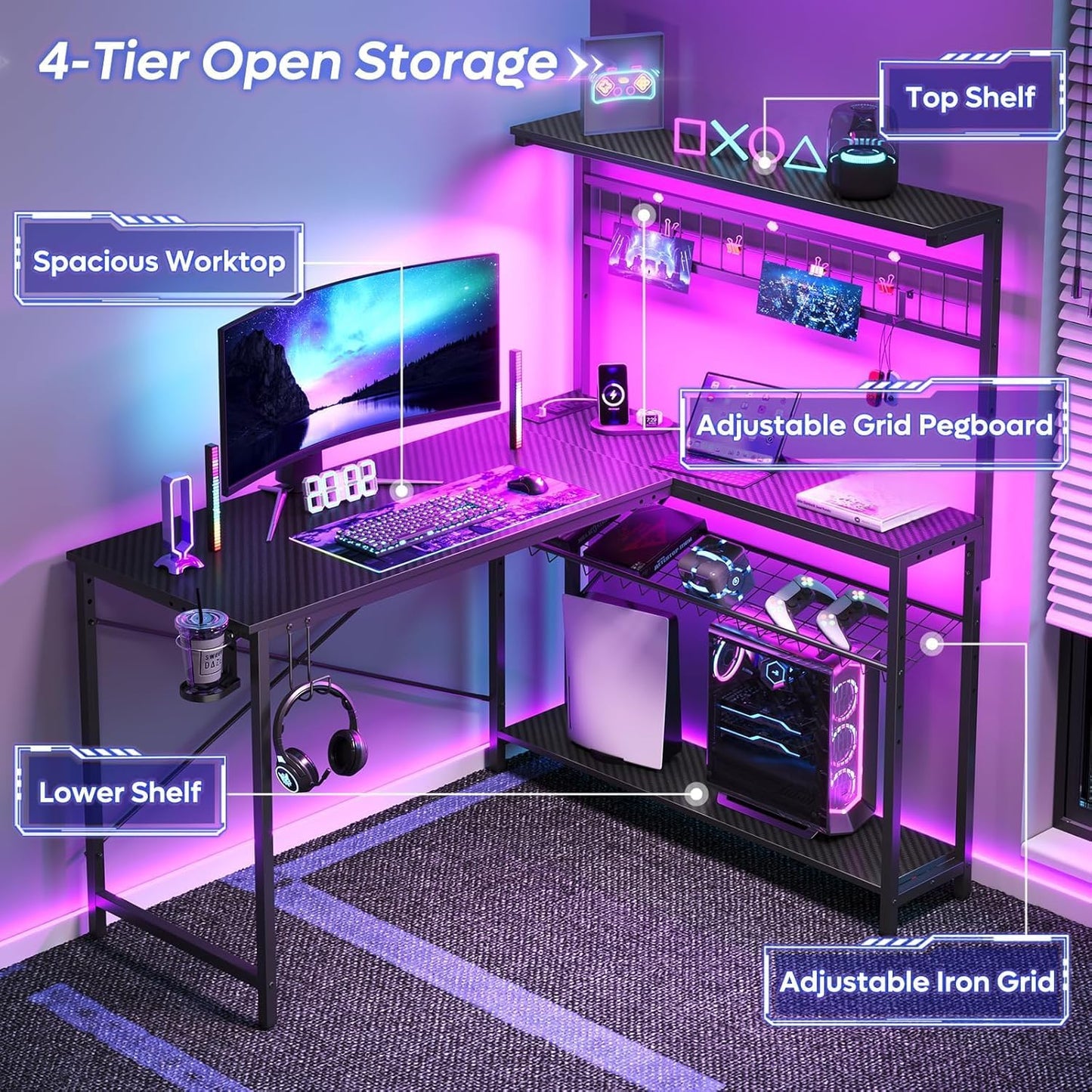 L-Shaped Gaming Desk 51" with Power Outlets and LED Lighting, Featuring 4 Tier Shelves, Reversible Design, Hooks, and Cup Holder in Carbon Fiber Black for Home Office