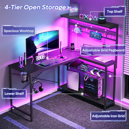 L-Shaped Gaming Desk 51" with Power Outlets and LED Lighting, Featuring 4 Tier Shelves, Reversible Design, Hooks, and Cup Holder in Carbon Fiber Black for Home Office