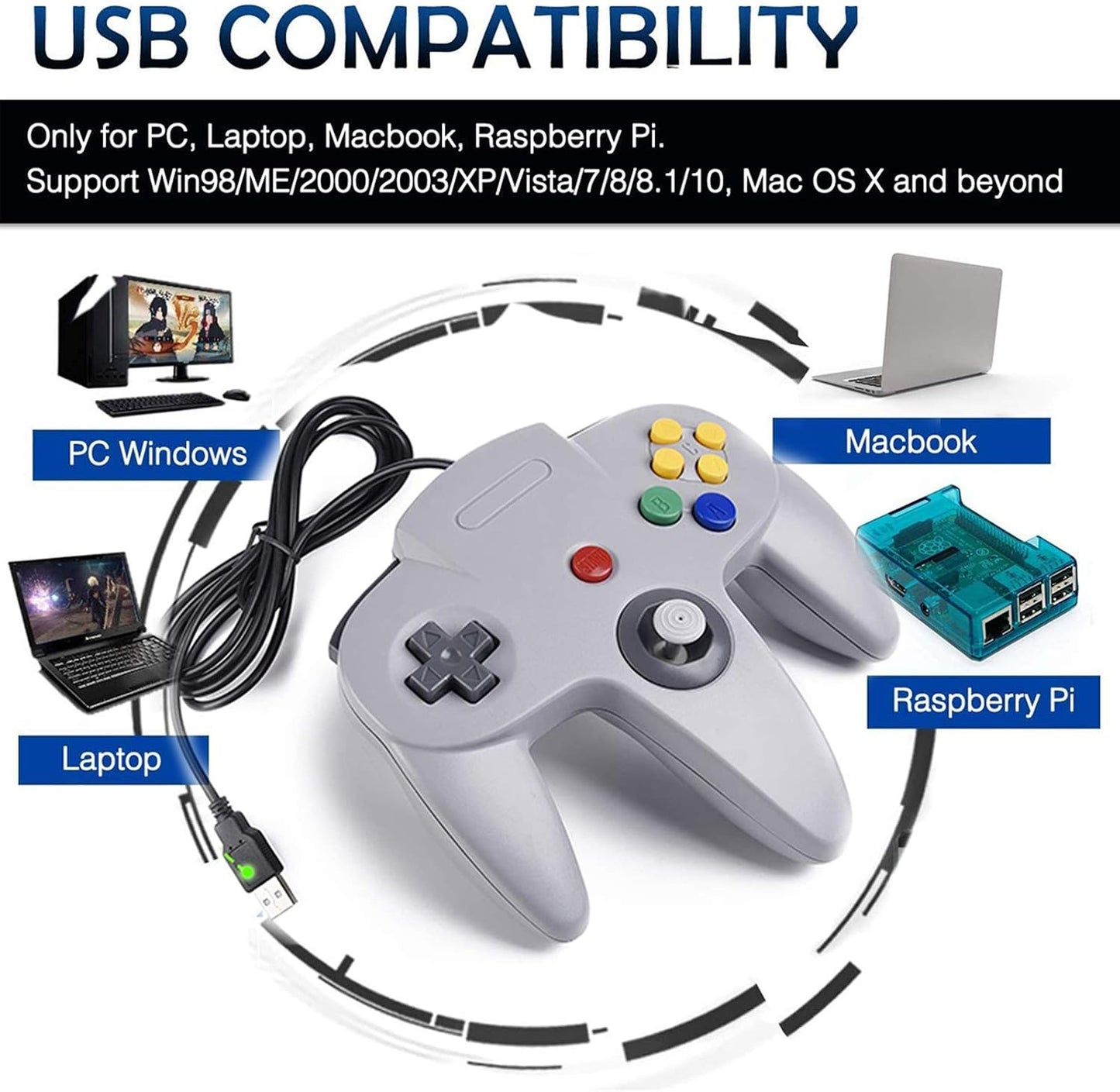 2 Pack USB Wired N64 Controller, Classic N64 PC Gamepad Joystick Controller for Windows PC MAC Linux Raspberry Pi 3 (Black/Gray)
