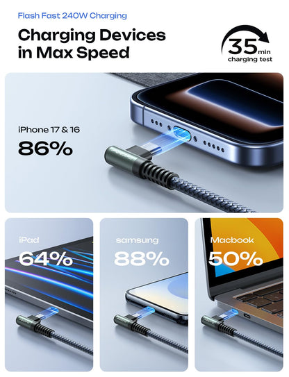 240W USB C to USB C Cable (6.6Ft 2Pack Chubby USB C) USB C to USB C Fast Charging Cable, Right Angle USB C Charger Cable for Iphone16 Charger Cord, Macbook Pro, Ipad, Samsung Galaxy S25