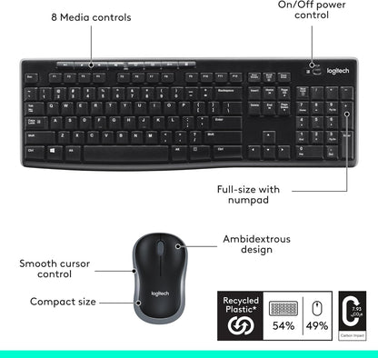 Logitech MK270 Wireless Keyboard and Mouse Combo for Windows, 2.4 Ghz Wireless, Compact Mouse, 8 Multimedia and Shortcut Keys, 2-Year Battery Life, for PC, Laptop - Black