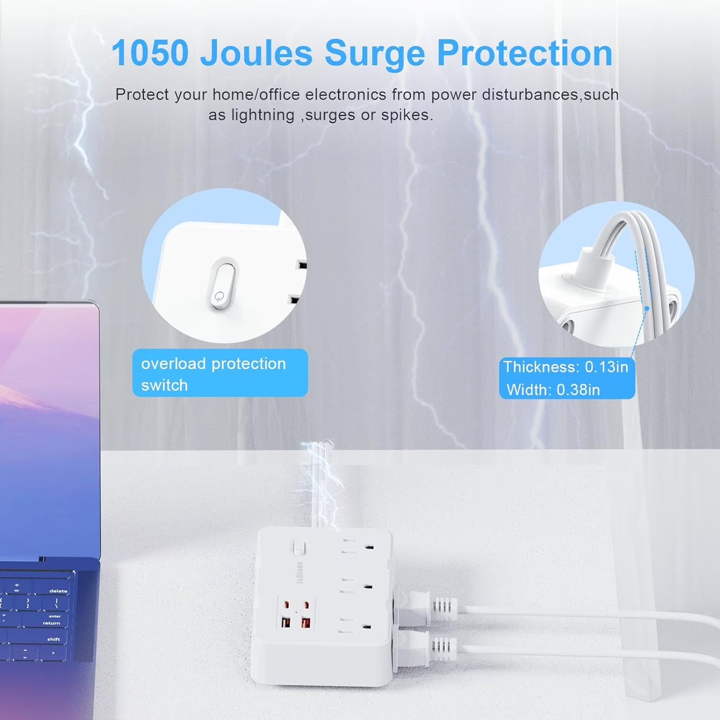 Power Strip 6-Outlets Surge Protector Power Strip 5Ft Long Extension Cord