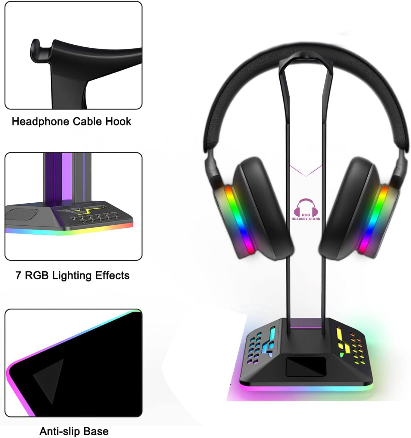 RGB Headphone Stand,Multifunction Desk Gaming Headset Holder with 2 USB Charging Ports,Suitable for Desktop Table Game Earphone Accessories