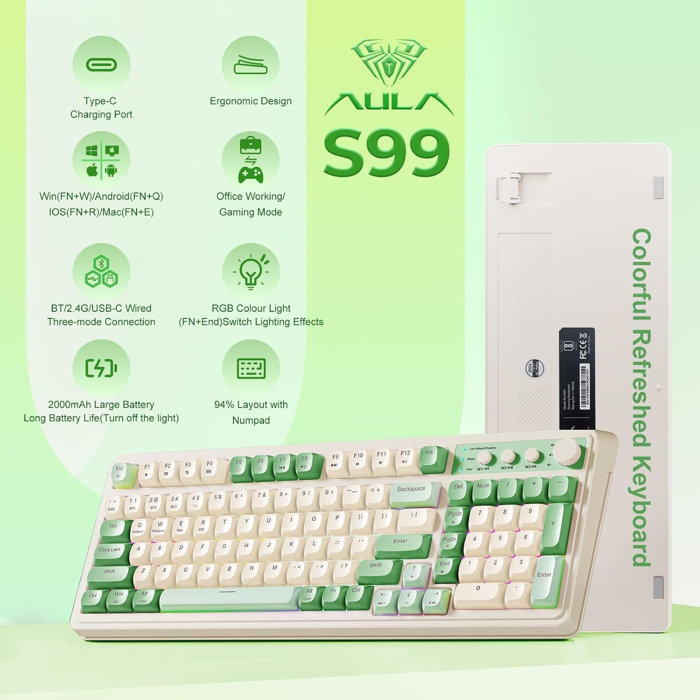 S99 Gaming Keyboard, Wireless Computer Keyboards, Tri-Mode Bluetooth/2.4Ghz/Usb-C Custom Creamy Keyboard with Number Pad, RGB Backlit Media Knob Cute Programmable Keyboard for PC Gamer - Green