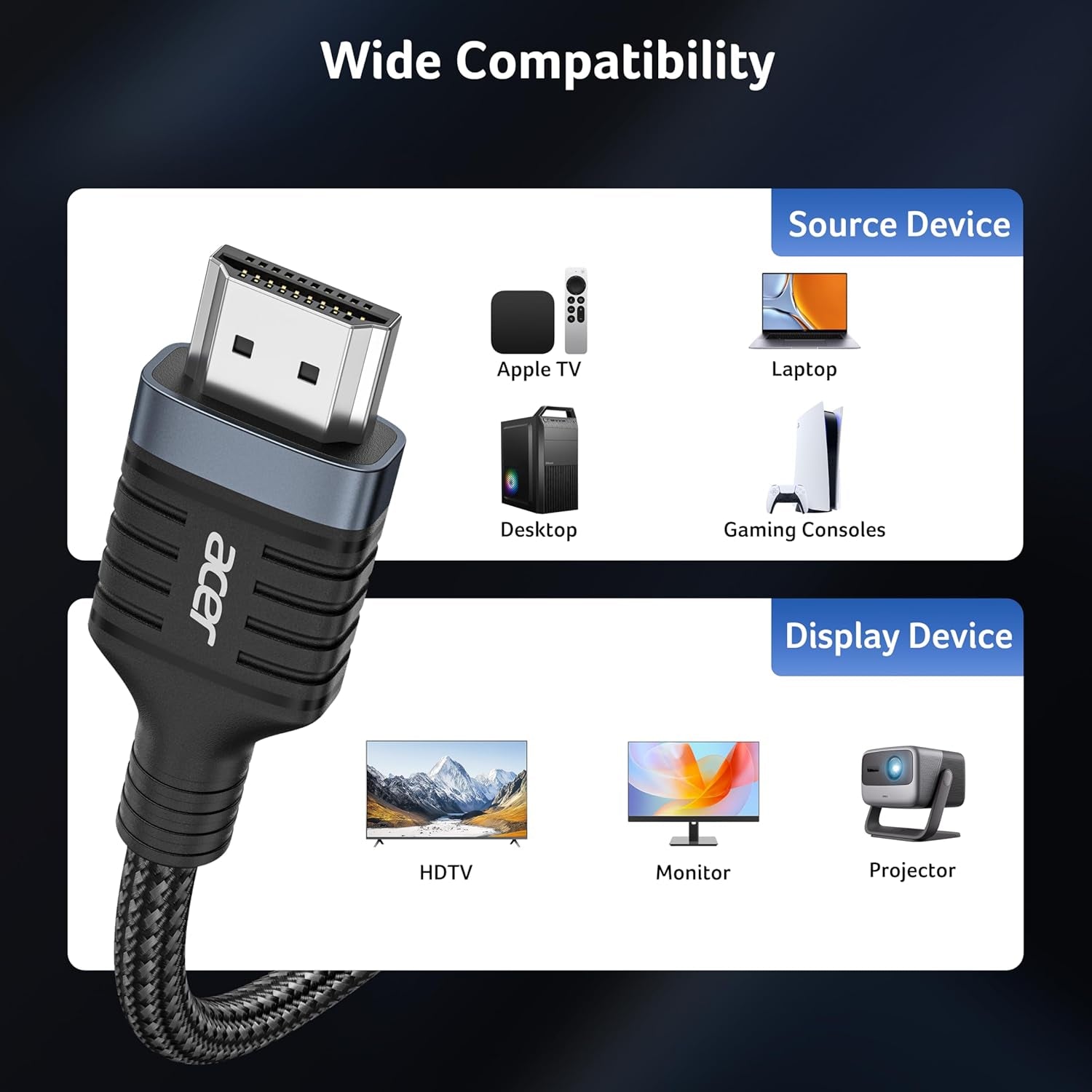 Acer HDMI 2.1 Cable 6.6FT, [8K@60Hz, 4K@120Hz] 48Gbps Ultra High-Speed Braided Cord Supports HDR10+/HDCP 2.2 & Arc/Earc, Certified HDMI Cable Compatible with PS5, PS4, Xbox, Monitors, Laptops, HDTV