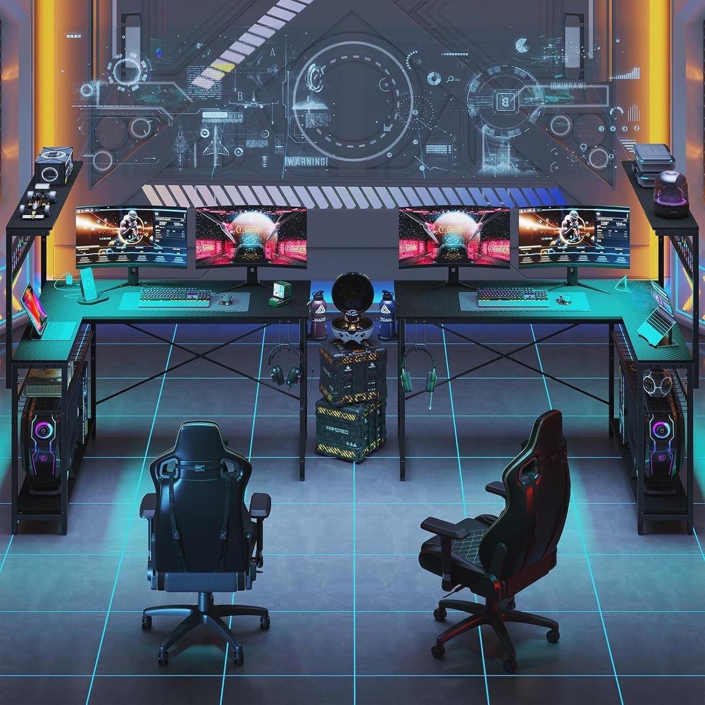 L-Shaped Gaming Desk 51" with Power Outlets and LED Lighting, Featuring 4 Tier Shelves, Reversible Design, Hooks, and Cup Holder in Carbon Fiber Black for Home Office