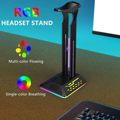 RGB Headphone Stand,Multifunction Desk Gaming Headset Holder with 2 USB Charging Ports,Suitable for Desktop Table Game Earphone Accessories