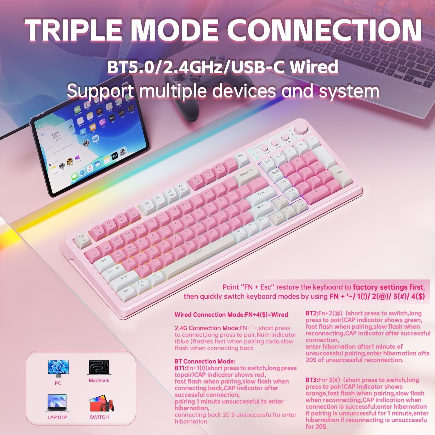 S99 Gaming Keyboard, Wireless Computer Keyboards, Tri-Mode Bluetooth Creamy Custom Keyboard with Number Pad, RGB Backlit Media Knob Cute Programmable Keyboard for PC Gamer - Gradient Blue