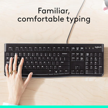 Logitech K120 Wired Keyboard for Windows, USB Plug-And-Play, Full-Size, Spill-Resistant, Curved Space Bar, Compatible with PC, Laptop - Black