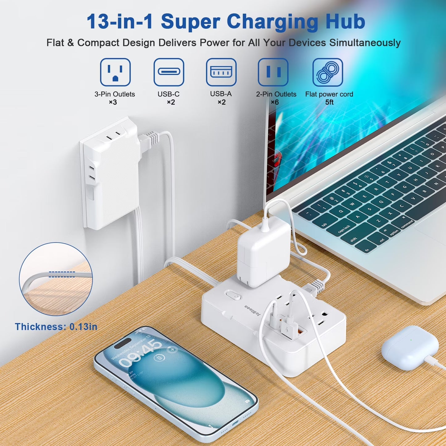 Power Strip 6-Outlets Surge Protector Power Strip 5Ft Long Extension Cord
