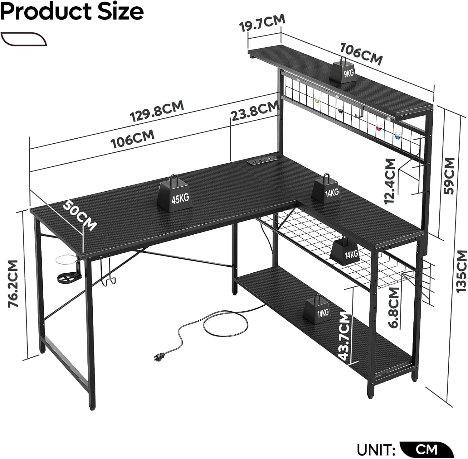 L-Shaped Gaming Desk 51" with Power Outlets and LED Lighting, Featuring 4 Tier Shelves, Reversible Design, Hooks, and Cup Holder in Carbon Fiber Black for Home Office