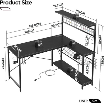 L-Shaped Gaming Desk 51" with Power Outlets and LED Lighting, Featuring 4 Tier Shelves, Reversible Design, Hooks, and Cup Holder in Carbon Fiber Black for Home Office