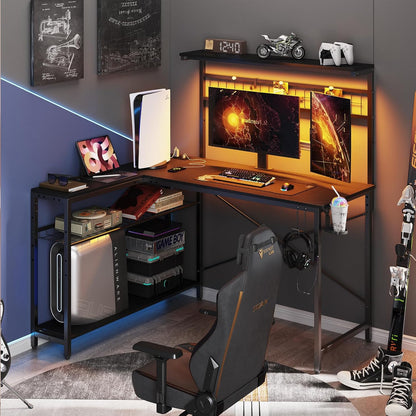 L-Shaped Gaming Desk 51" with Power Outlets and LED Lighting, Featuring 4 Tier Shelves, Reversible Design, Hooks, and Cup Holder in Carbon Fiber Black for Home Office