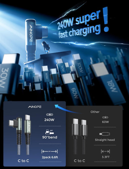 240W USB C to USB C Cable (6.6Ft 2Pack Chubby USB C) USB C to USB C Fast Charging Cable, Right Angle USB C Charger Cable for Iphone16 Charger Cord, Macbook Pro, Ipad, Samsung Galaxy S25