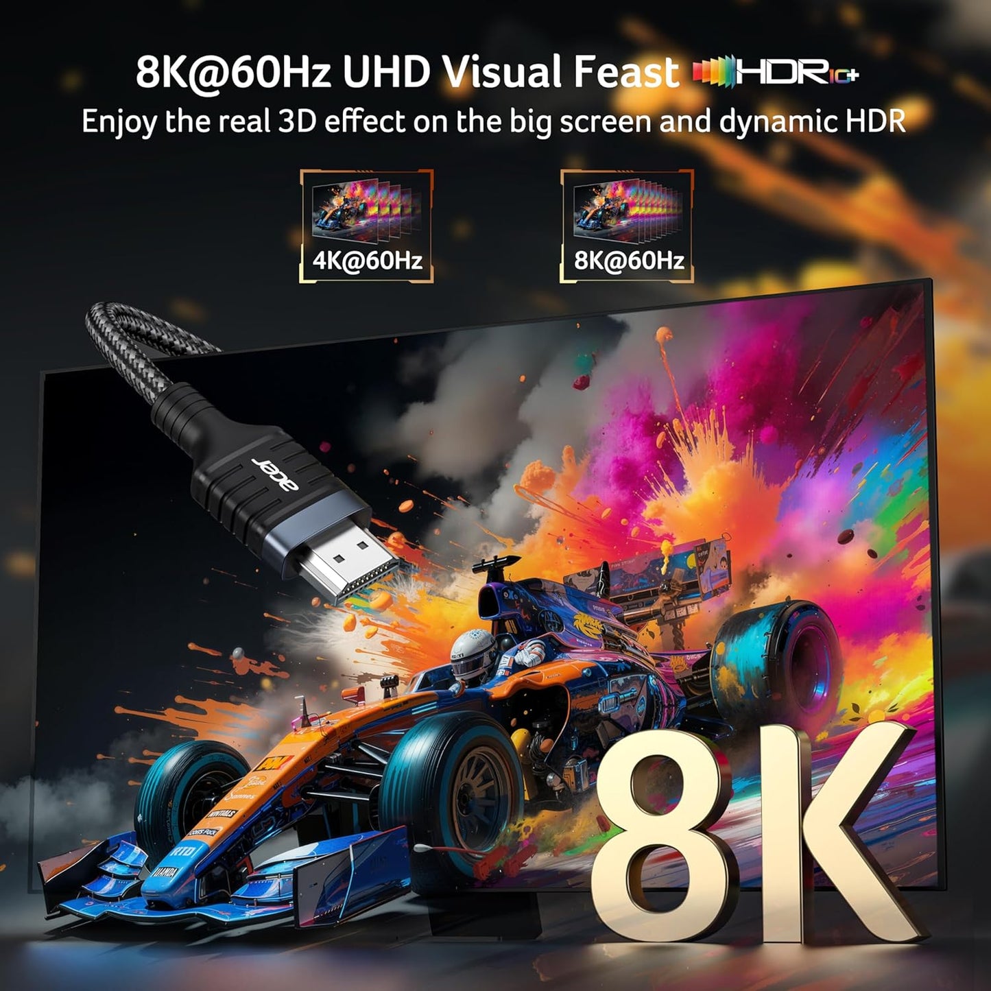Acer HDMI 2.1 Cable 6.6FT, [8K@60Hz, 4K@120Hz] 48Gbps Ultra High-Speed Braided Cord Supports HDR10+/HDCP 2.2 & Arc/Earc, Certified HDMI Cable Compatible with PS5, PS4, Xbox, Monitors, Laptops, HDTV
