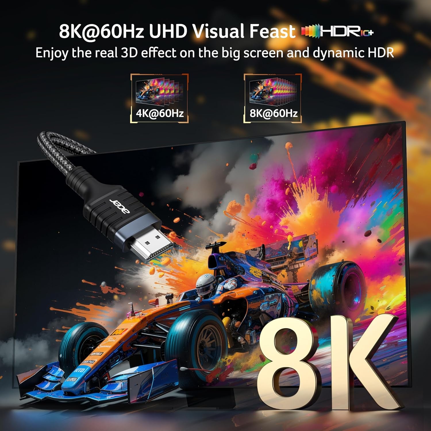 Acer HDMI 2.1 Cable 6.6FT, [8K@60Hz, 4K@120Hz] 48Gbps Ultra High-Speed Braided Cord Supports HDR10+/HDCP 2.2 & Arc/Earc, Certified HDMI Cable Compatible with PS5, PS4, Xbox, Monitors, Laptops, HDTV