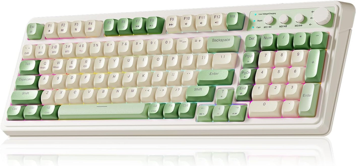 S99 Gaming Keyboard, Wireless Computer Keyboards, Tri-Mode Bluetooth/2.4Ghz/Usb-C Custom Creamy Keyboard with Number Pad, RGB Backlit Media Knob Cute Programmable Keyboard for PC Gamer - Green