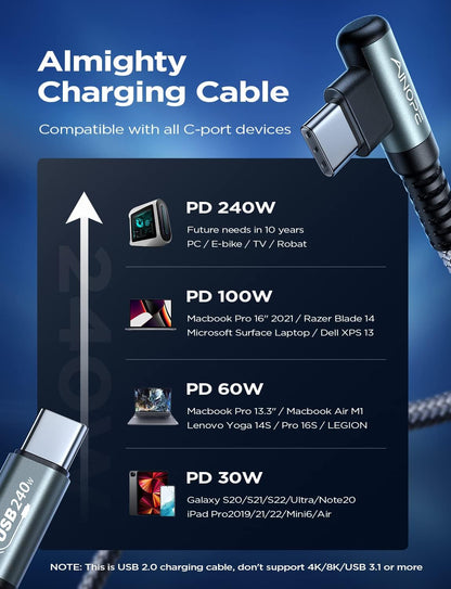 240W USB C to USB C Cable (6.6Ft 2Pack Chubby USB C) USB C to USB C Fast Charging Cable, Right Angle USB C Charger Cable for Iphone16 Charger Cord, Macbook Pro, Ipad, Samsung Galaxy S25