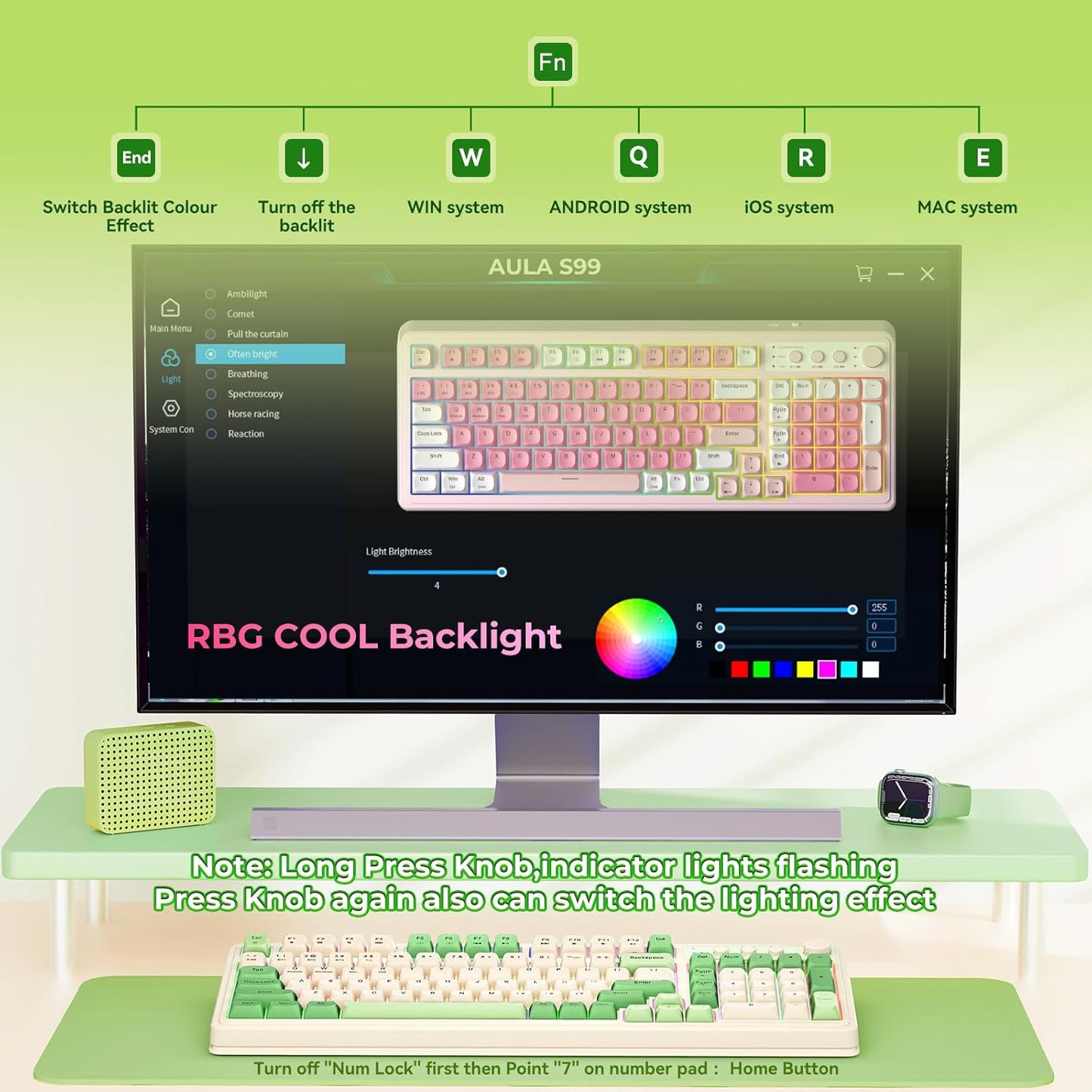 S99 Gaming Keyboard, Wireless Computer Keyboards, Tri-Mode Bluetooth/2.4Ghz/Usb-C Custom Creamy Keyboard with Number Pad, RGB Backlit Media Knob Cute Programmable Keyboard for PC Gamer - Green