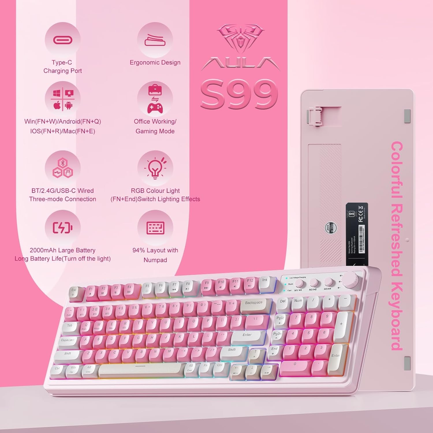 S99 Gaming Keyboard, Wireless Computer Keyboards, Tri-Mode Bluetooth Creamy Custom Keyboard with Number Pad, RGB Backlit Media Knob Cute Programmable Keyboard for PC Gamer - Gradient Blue