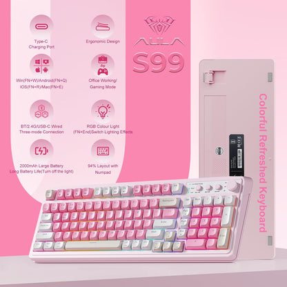 S99 Gaming Keyboard, Wireless Computer Keyboards, Tri-Mode Bluetooth Creamy Custom Keyboard with Number Pad, RGB Backlit Media Knob Cute Programmable Keyboard for PC Gamer - Gradient Blue