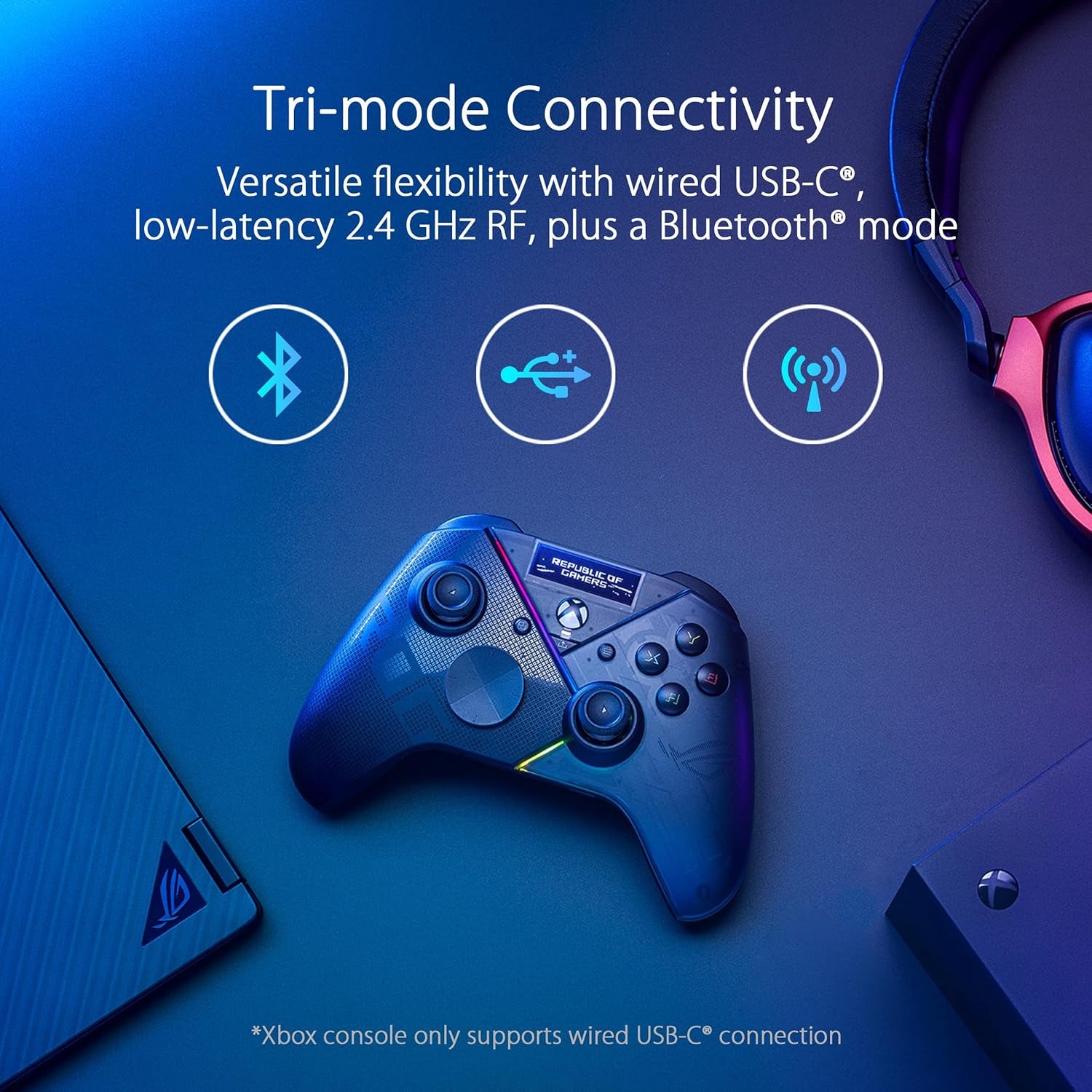 ASUS ROG Raikiri Pro OLED Display, Tri-Mode Connectivity, Remappable Buttons&Triggers, 4 Rear Buttons, Step&Linear Triggers, Adjustable Joystick Sensitivity, 3.5Mm Jack with ESS DAC, for PC and Xbox