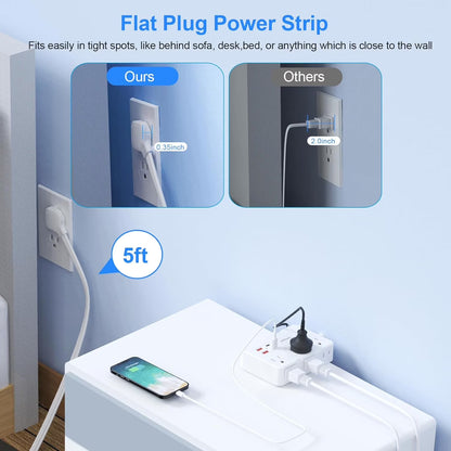 Power Strip 6-Outlets Surge Protector Power Strip 5Ft Long Extension Cord