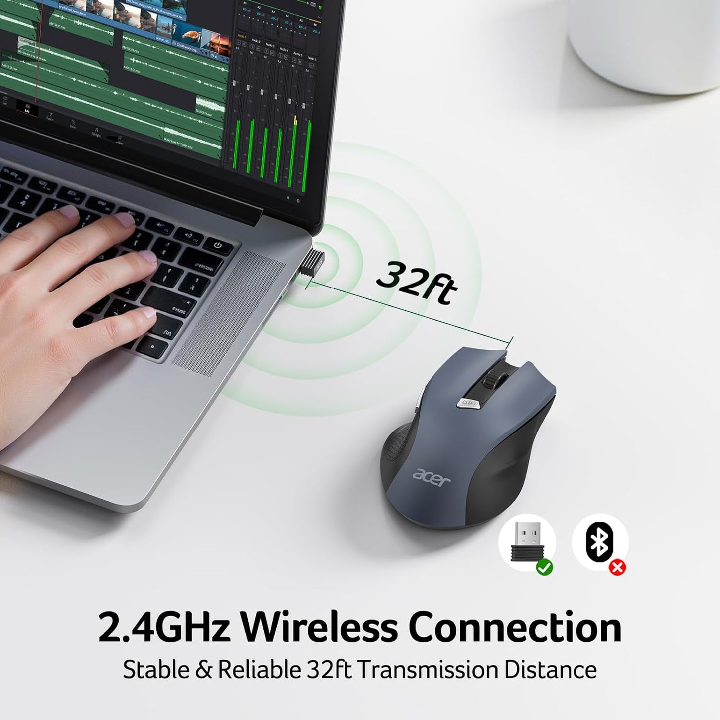 Acer Wireless Mouse for Laptop, 2.4Ghz Computer Mouse 3 Adjustable DPI Office Cordless USB Mice with USBA Receiver, 6 Buttons, 1600 DPI, Medium to Large Sized Hands Compatible with PC, Laptop, Desktop