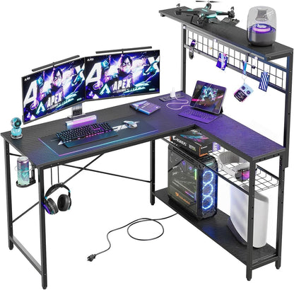 L-Shaped Gaming Desk 51" with Power Outlets and LED Lighting, Featuring 4 Tier Shelves, Reversible Design, Hooks, and Cup Holder in Carbon Fiber Black for Home Office