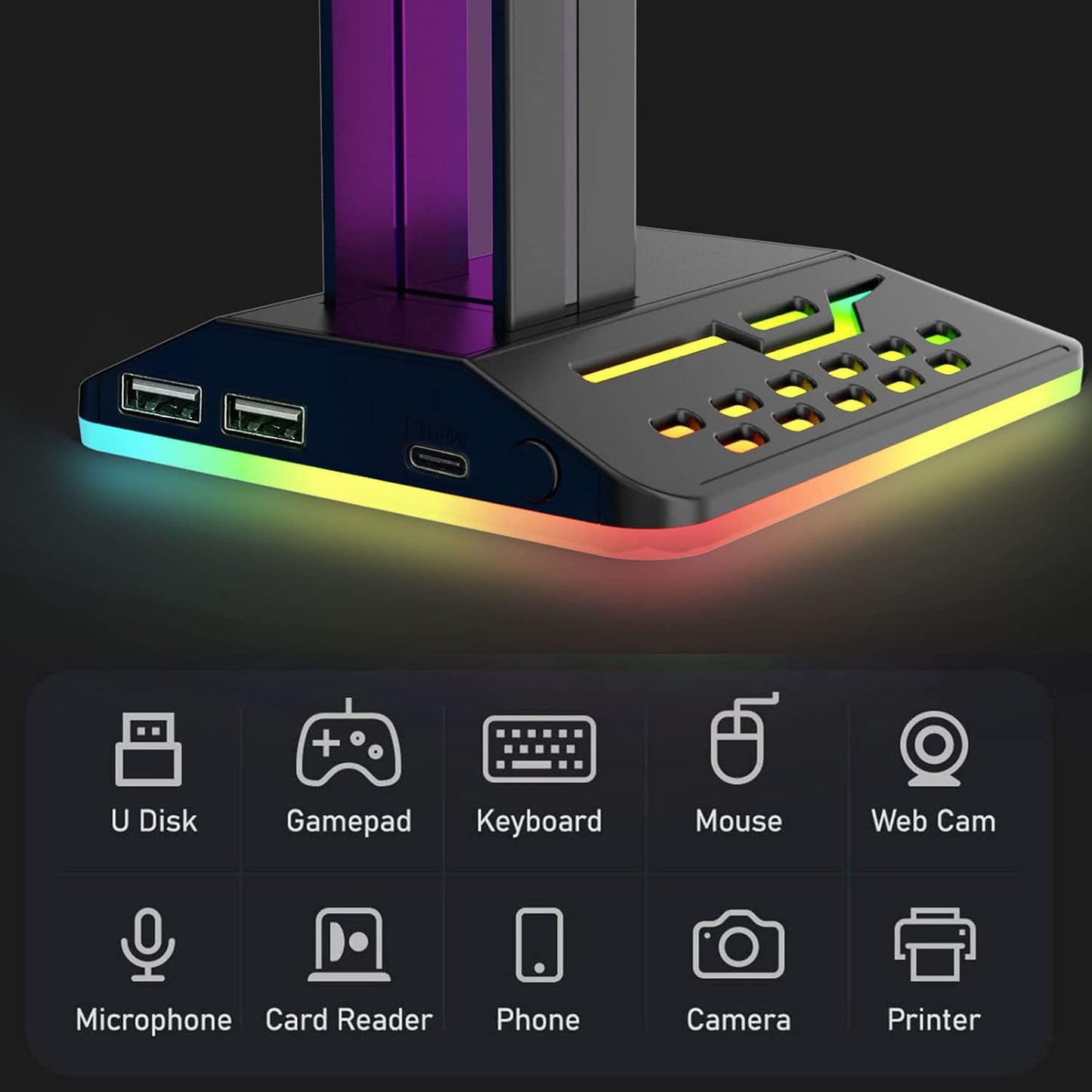 RGB Headphone Stand,Multifunction Desk Gaming Headset Holder with 2 USB Charging Ports,Suitable for Desktop Table Game Earphone Accessories